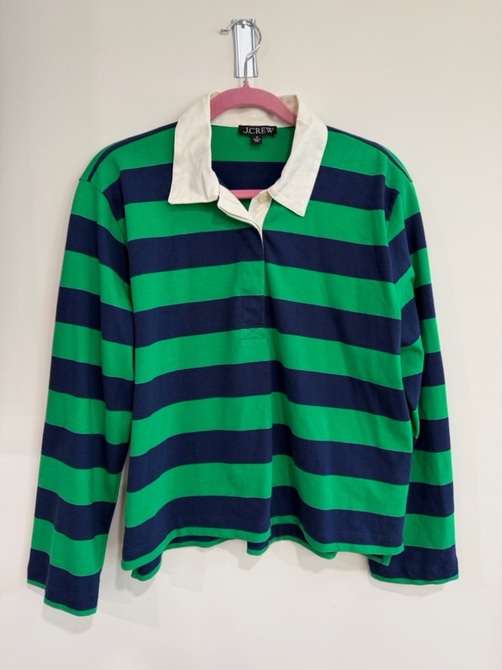 J. Crew Green and Navy Striped Long Sleeve Rugby Shirt with White Collar